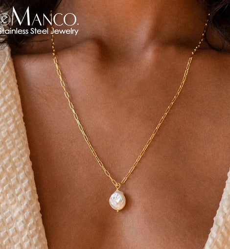 Rectangle Link Chain Pearl Necklace